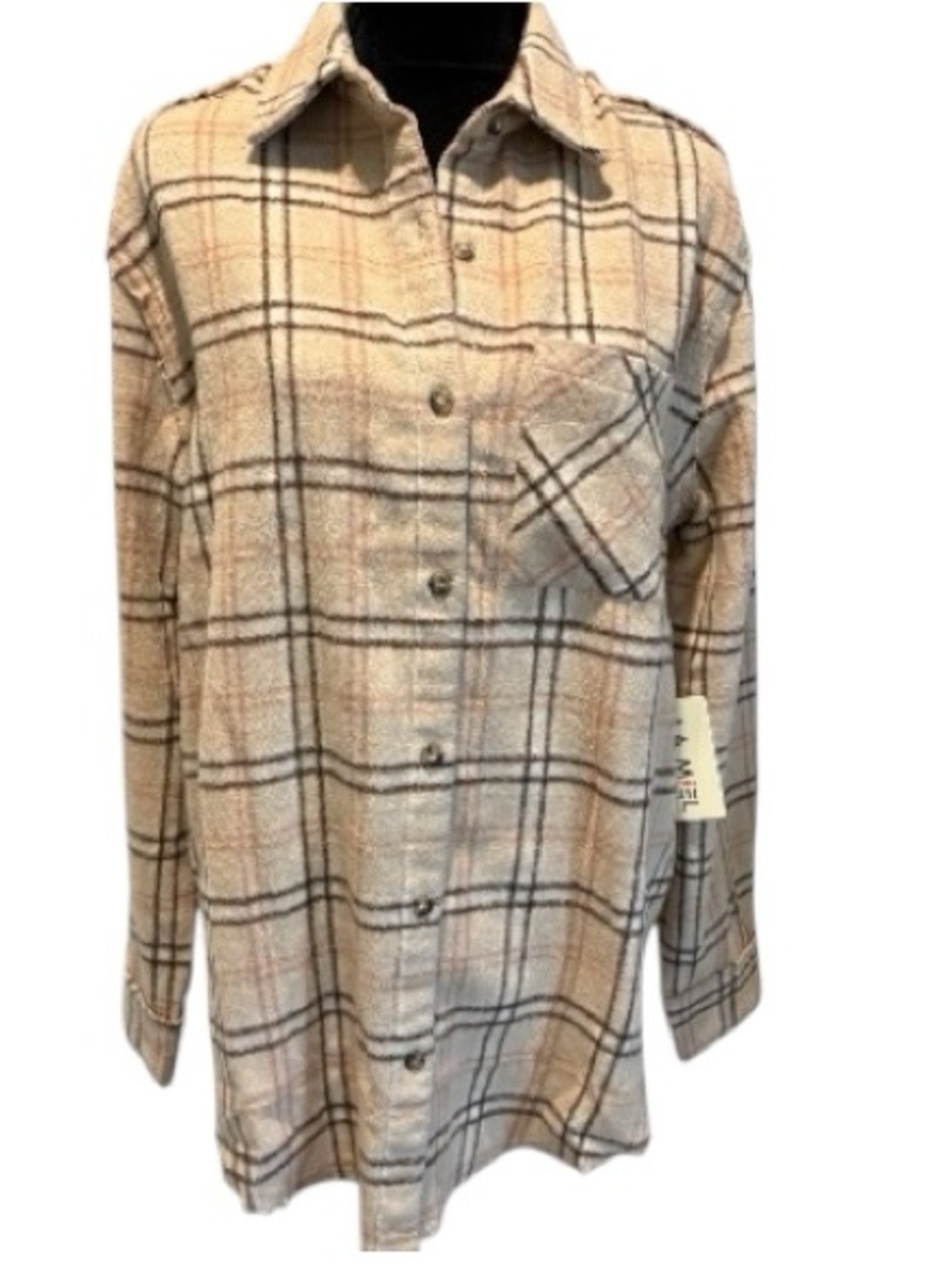 LA MIEL Cozy Tan Plaid Shirt with Brown and Cream Stripes